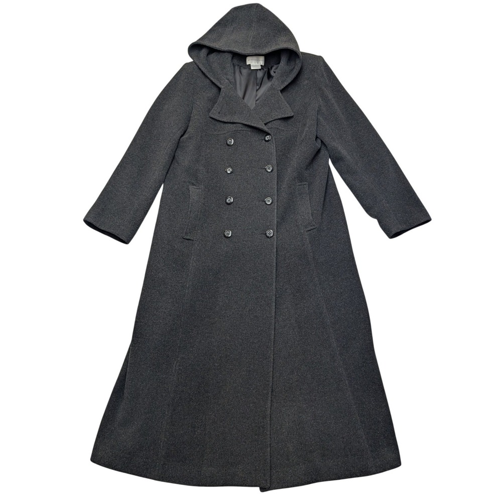 Worthington Wool Maxi Coat Womens 16 Gray Double Breasted Hooded Long Trench